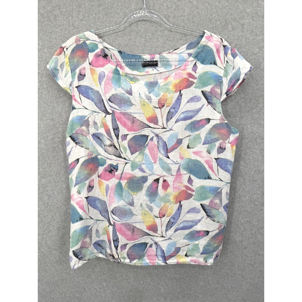 Luca Vanucci Top Women M Multicolor Leaf Print Linen‎ Cap Sleeve Peplum Italy